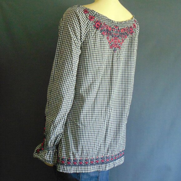 3J Workshop Johnny Was Navy Check Pink Floral Embroidery Off Shoulder Top Sm - Picture 9 of 12